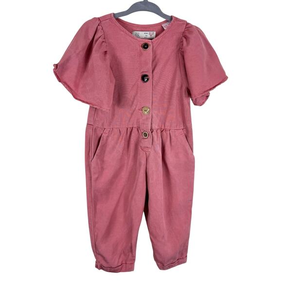 Zara Baby Pink Lyocell Short Sleeve Pants Button Front Romper Size 12 18 Months - Picture 1 of 6